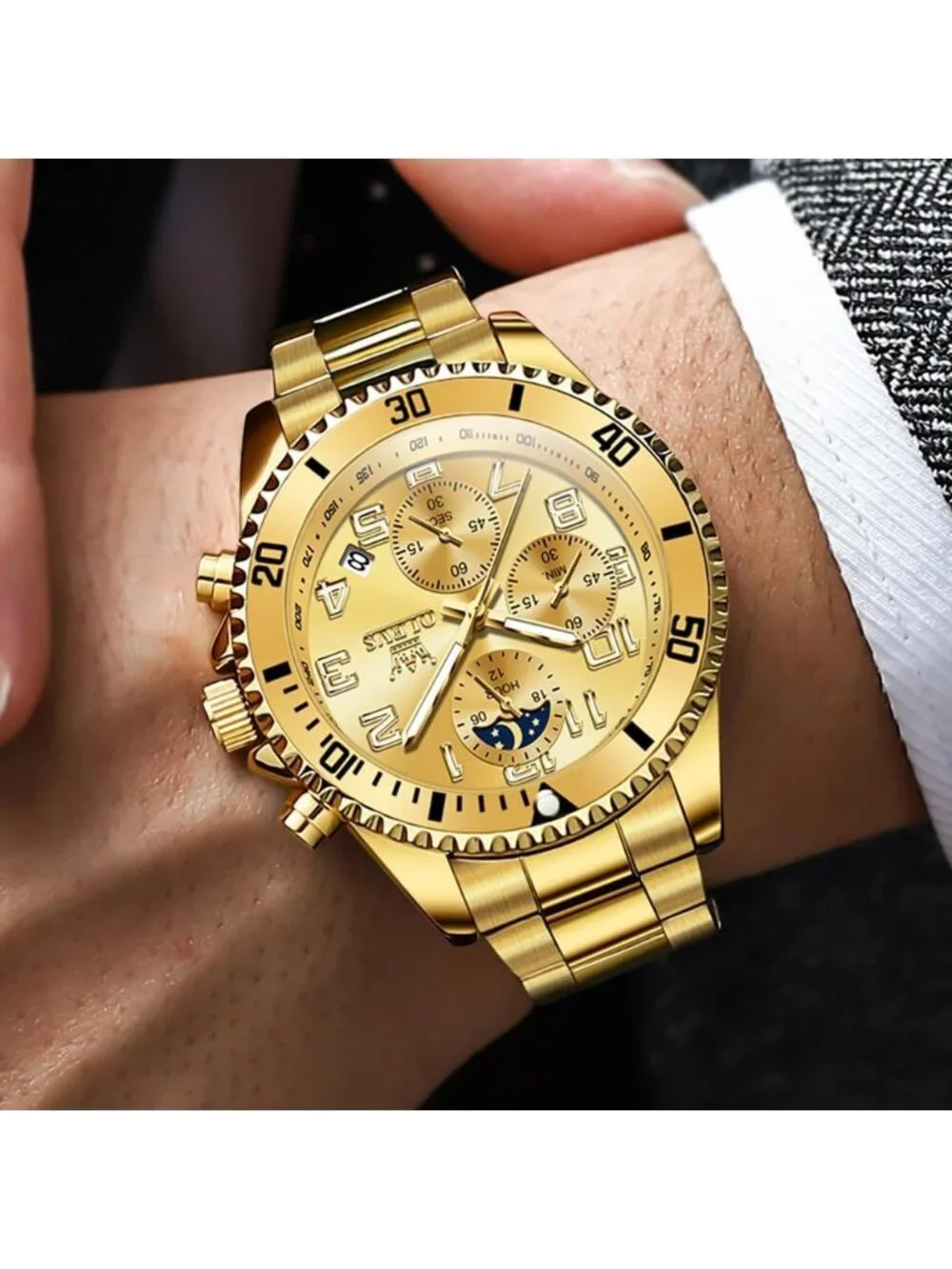 Men's Gold Elegant Stainless Steel Waterproof Quartz Big Face Fashion Wristwatch